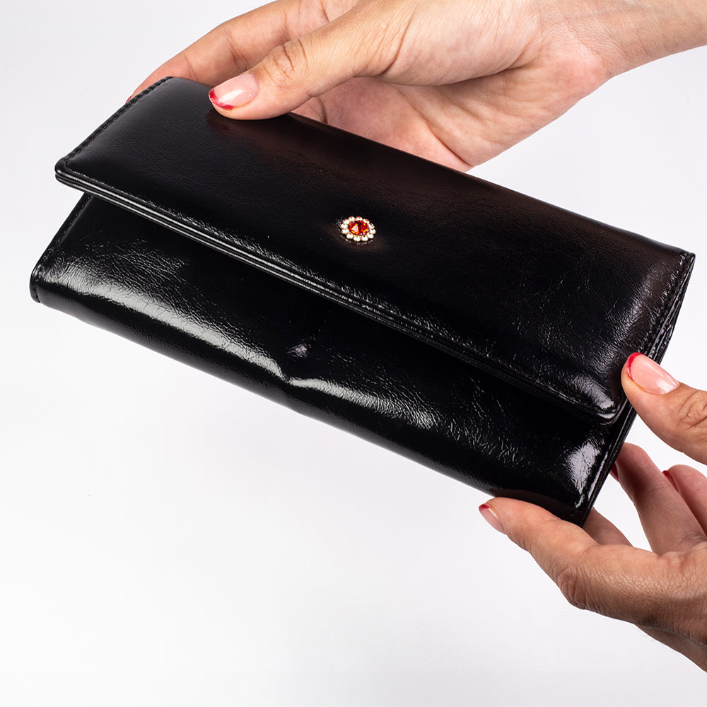 Portofel de damă compact, cu breloc pentru chei – roșu și negru