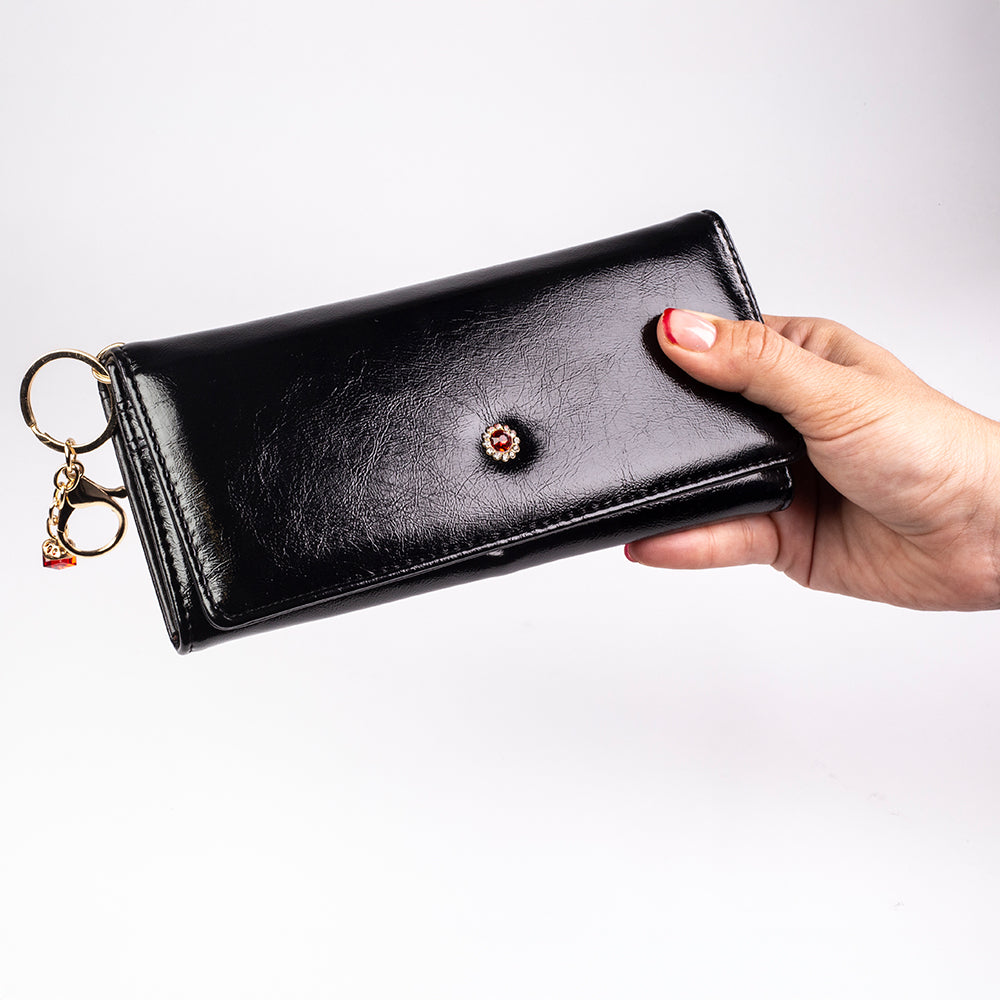 Portofel de damă compact, cu breloc pentru chei – roșu și negru