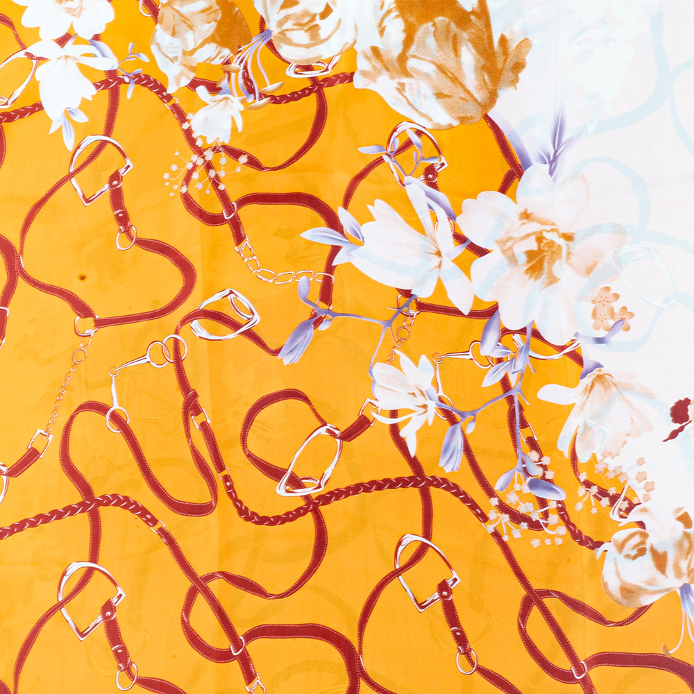 Eșarfă „Îmbrățișare florală”, 85 x 180 cm, portocalie, 100% mătase vegană