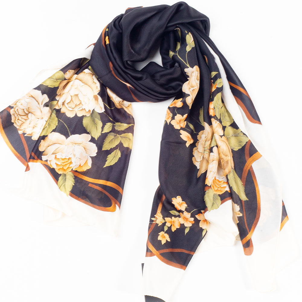 Eșarfă „Pânză & Flori”, 85 x 180 cm, negru, 100% mătase vegană