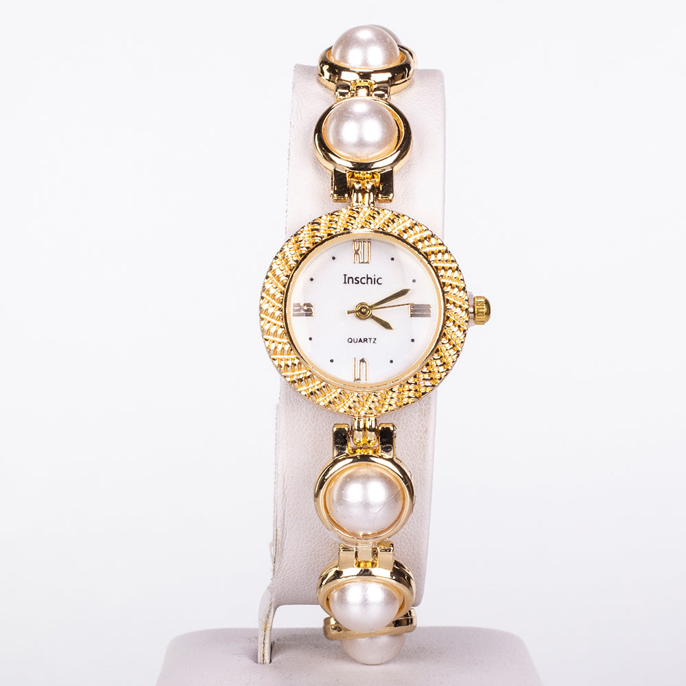 Ceas din Aliaj Placat cu Aur ( 39 grame ) cu Perlă de cristal și Cristal Alb Emporia® ( Colier+Cercei+Brățară )