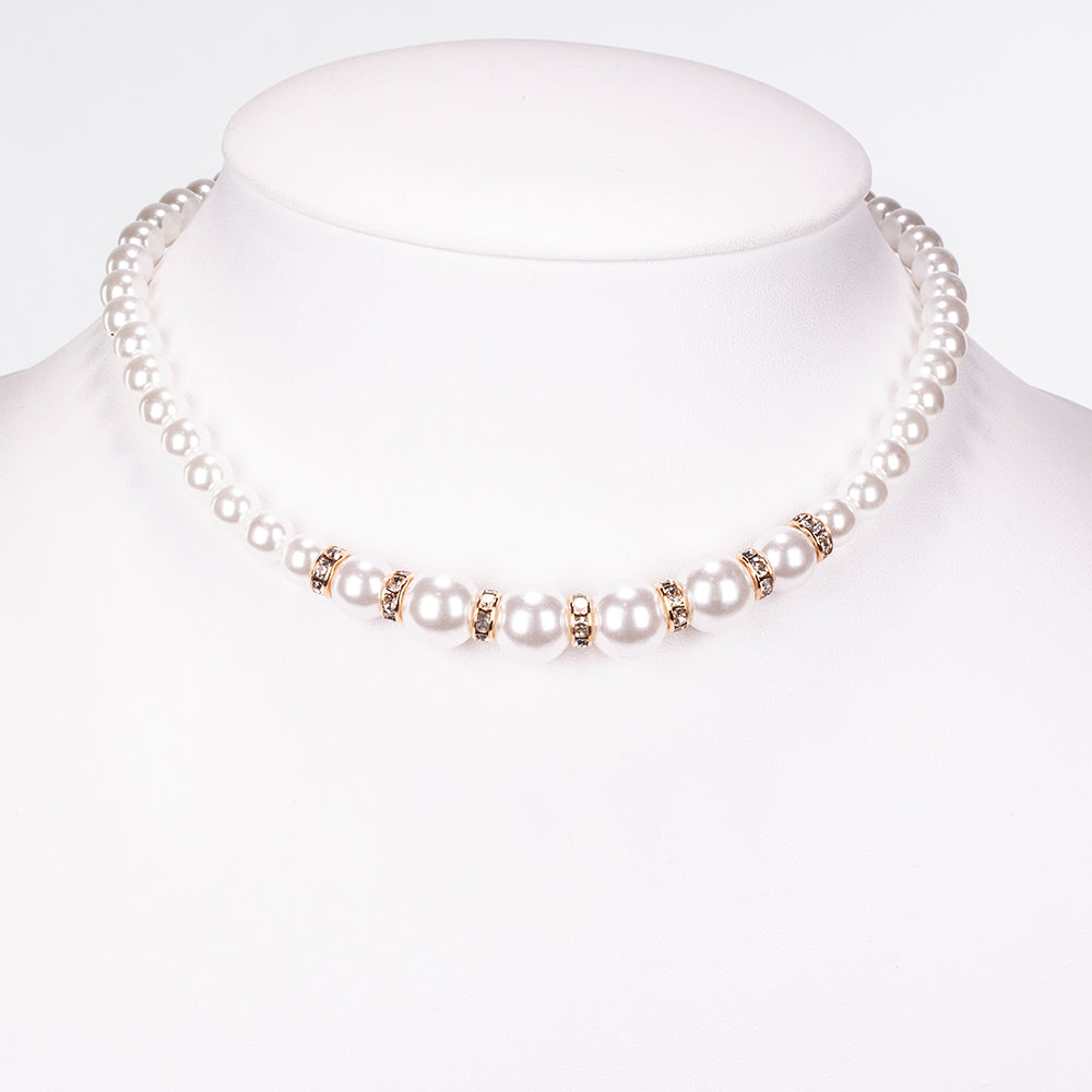Ceas din Aliaj Placat cu Aur ( 39 grame ) cu Perlă de cristal și Cristal Alb Emporia® ( Colier+Cercei+Brățară )
