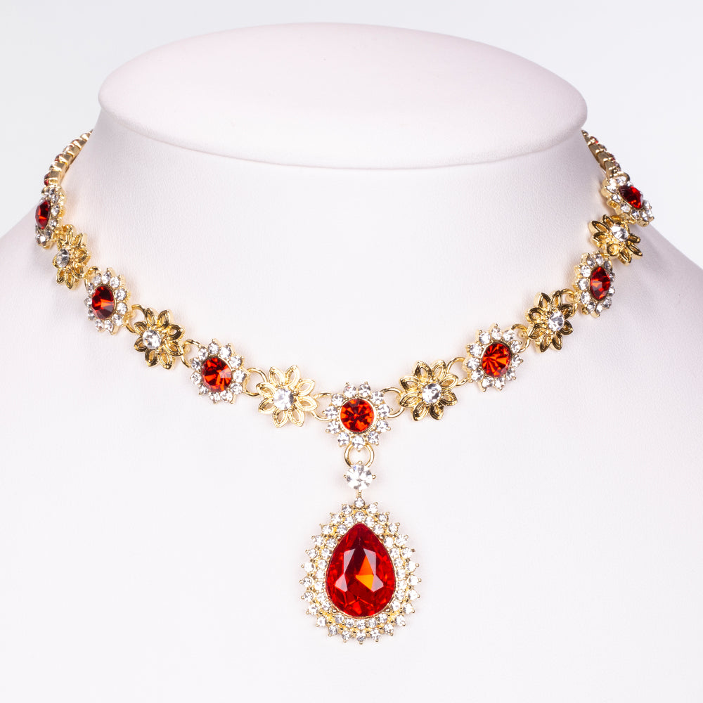 Set din Aliaj Placat cu Aur ( 90 grame ) cu Cristal Roșu Emporia® și Cristal Alb Emporia® ( Colier+Cercei )