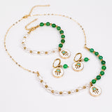 Set din Aliaj Placat cu Aur ( 7 grame ) cu Agat Verde și Perlă de cristal 35 Carate ( Colier+Cercei+Brățară )