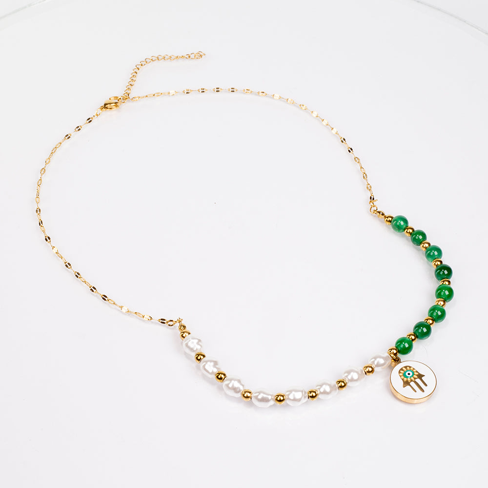 Set din Aliaj Placat cu Aur ( 7 grame ) cu Agat Verde și Perlă de cristal 35 Carate ( Colier+Cercei+Brățară )