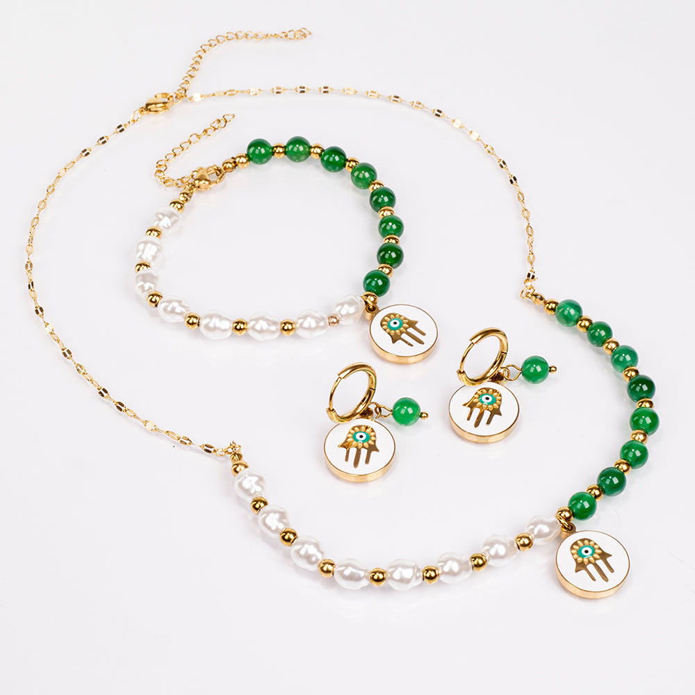 Set din Aliaj Placat cu Aur ( 7 grame ) cu Agat Verde și Perlă de cristal 35 Carate ( Colier+Cercei+Brățară )
