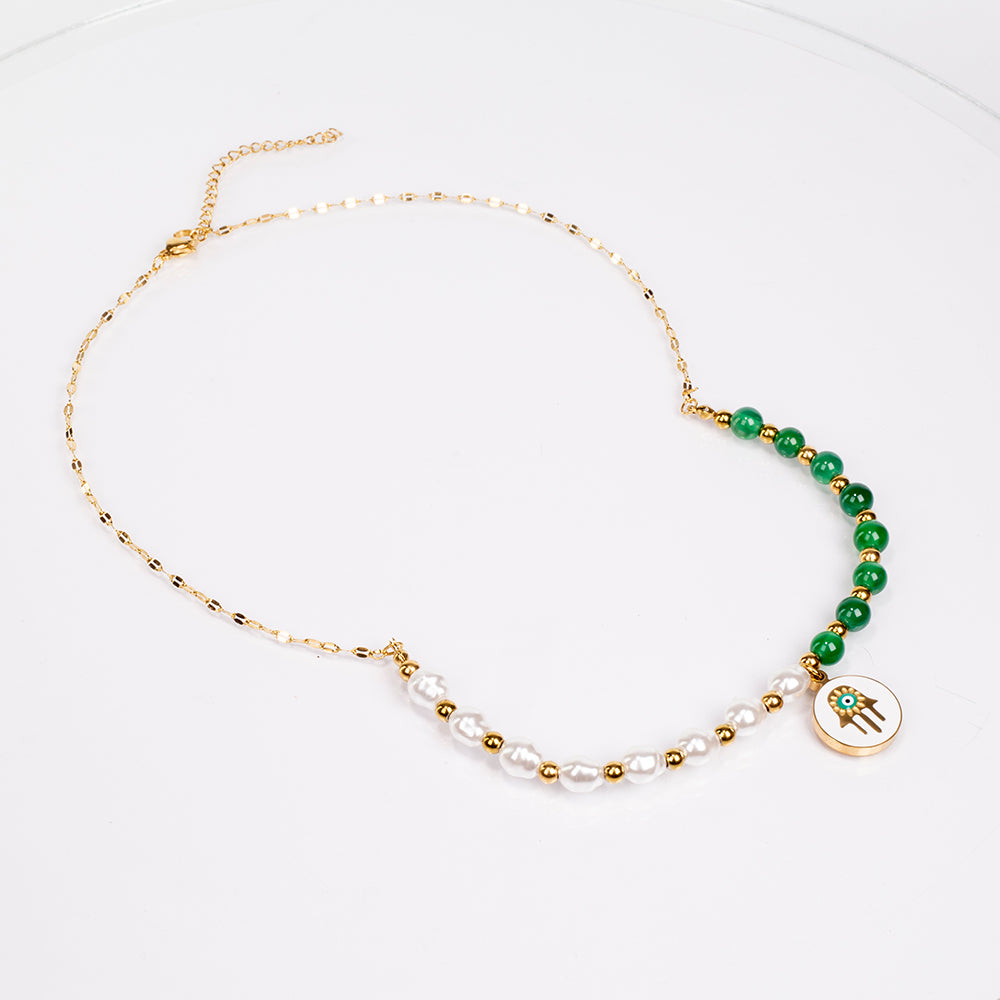 Set din Aliaj Placat cu Aur ( 7 grame ) cu Agat Verde și Perlă de cristal 35 Carate ( Colier+Cercei+Brățară )