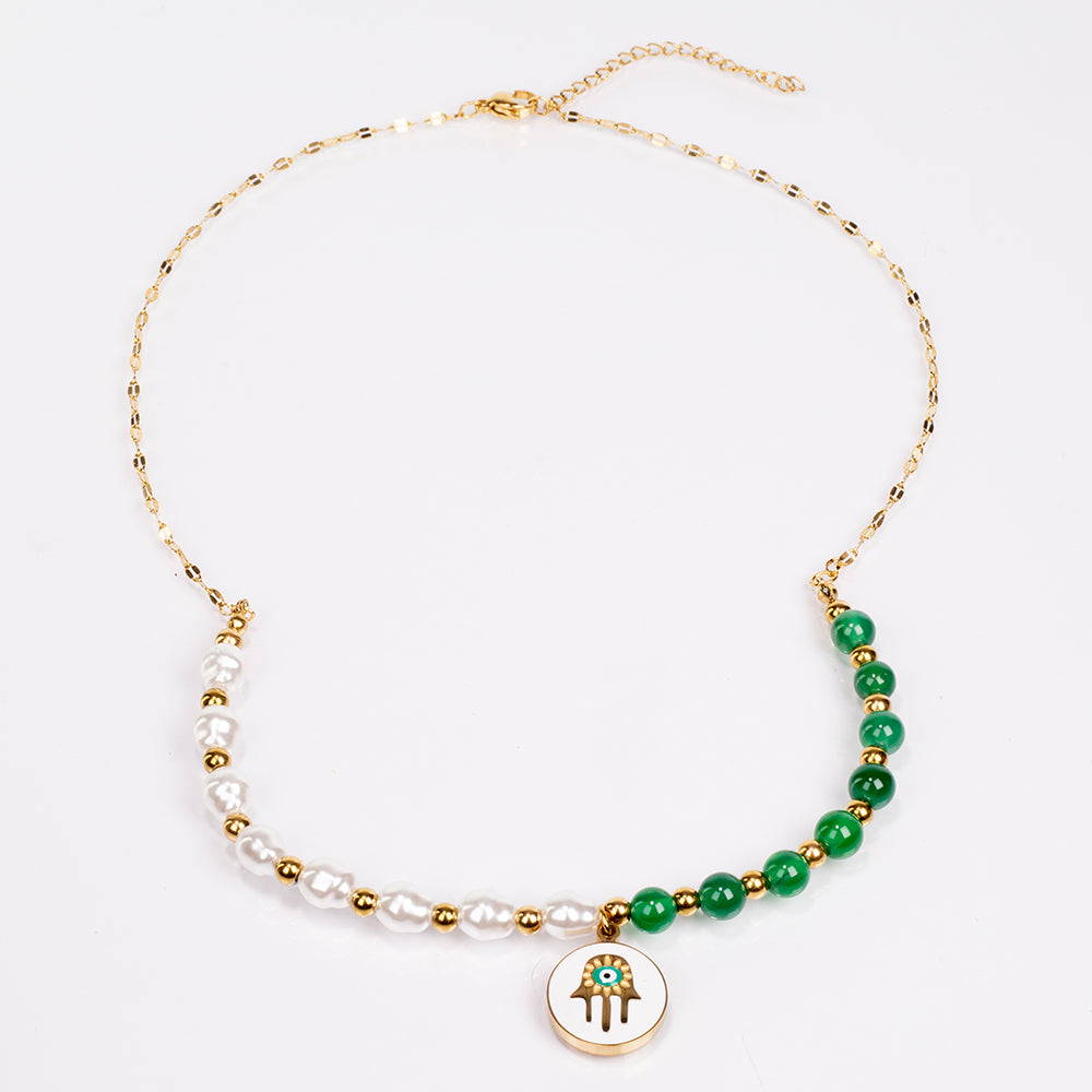 Set din Aliaj Placat cu Aur ( 7 grame ) cu Agat Verde și Perlă de cristal 35 Carate ( Colier+Cercei+Brățară )