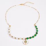Set din Aliaj Placat cu Aur ( 7 grame ) cu Agat Verde și Perlă de cristal 35 Carate ( Colier+Cercei+Brățară )