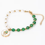 Set din Aliaj Placat cu Aur ( 7 grame ) cu Agat Verde și Perlă de cristal 35 Carate ( Colier+Cercei+Brățară )