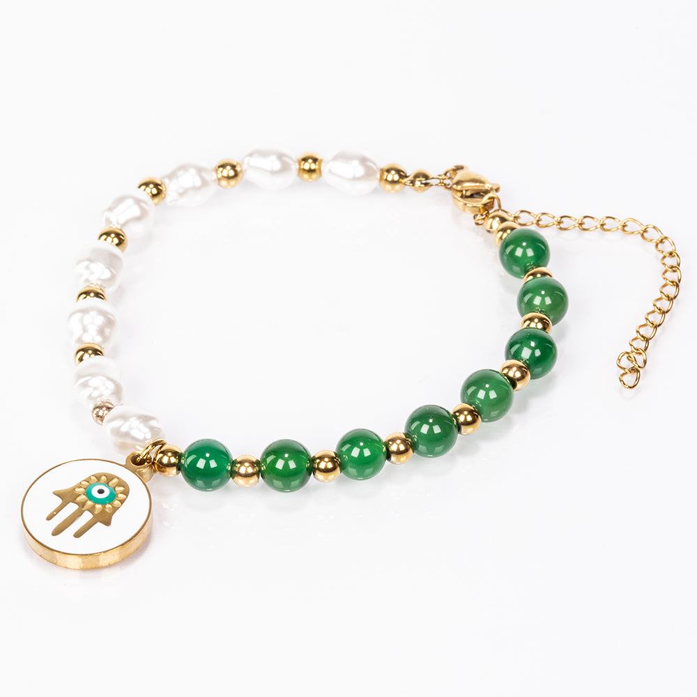 Set din Aliaj Placat cu Aur ( 7 grame ) cu Agat Verde și Perlă de cristal 35 Carate ( Colier+Cercei+Brățară )