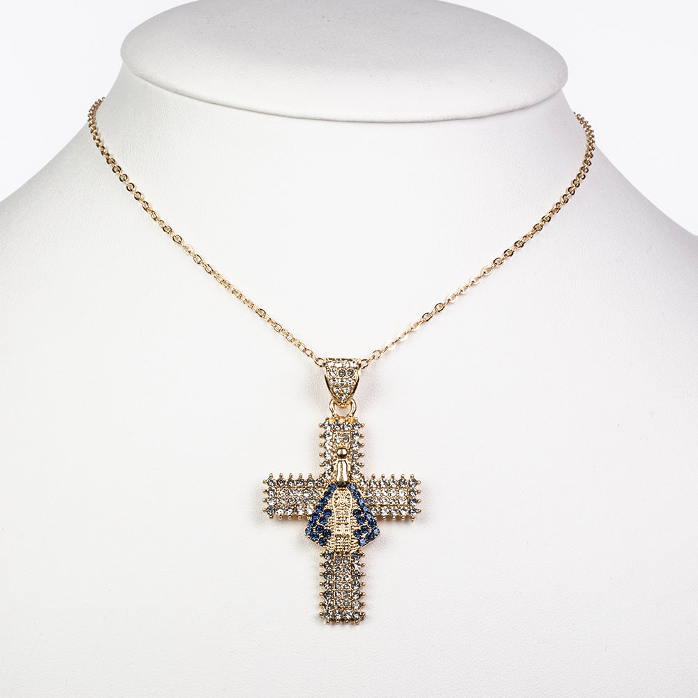 Cruce Colier din Aliaj Placat cu Aur ( 10.5 grame ) cu Cristal Albastru Emporia® și Cristal Alb Emporia® 7.41 Carate