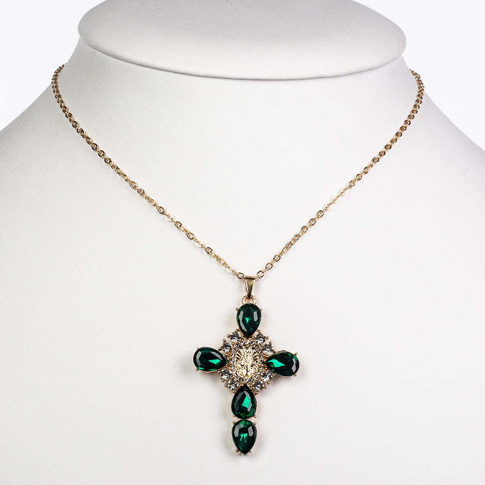 Cruce Colier din Aliaj Placat cu Aur ( 9.5 grame ) cu Cristal Verde Emporia® și Cristal Alb Emporia® 11.8 Carate