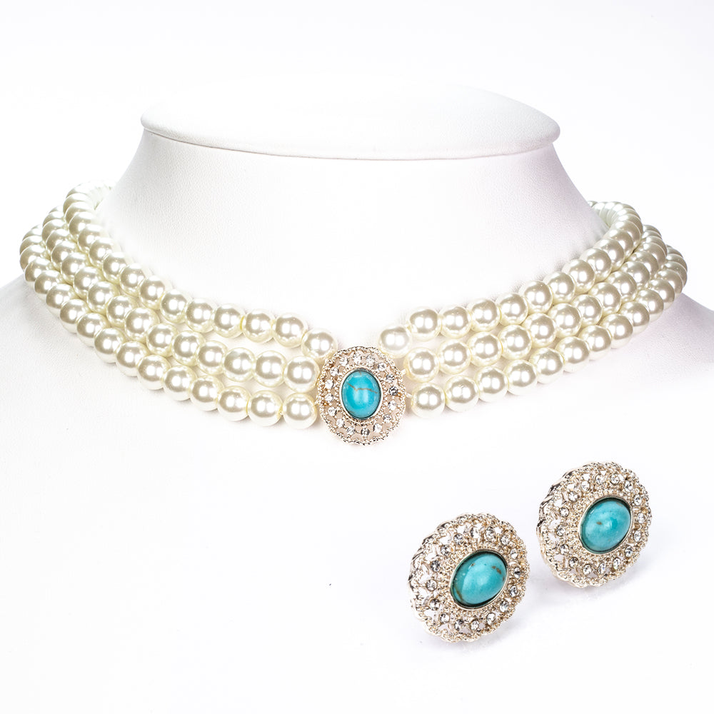 Set din Aliaj Placat cu Aur ( 115 grame ) cu Perlă de cristal și Turcoaz 65.9 Carate ( Colier+Cercei )