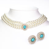 Set din Aliaj Placat cu Aur ( 115 grame ) cu Perlă de cristal și Turcoaz 65.9 Carate ( Colier+Cercei )