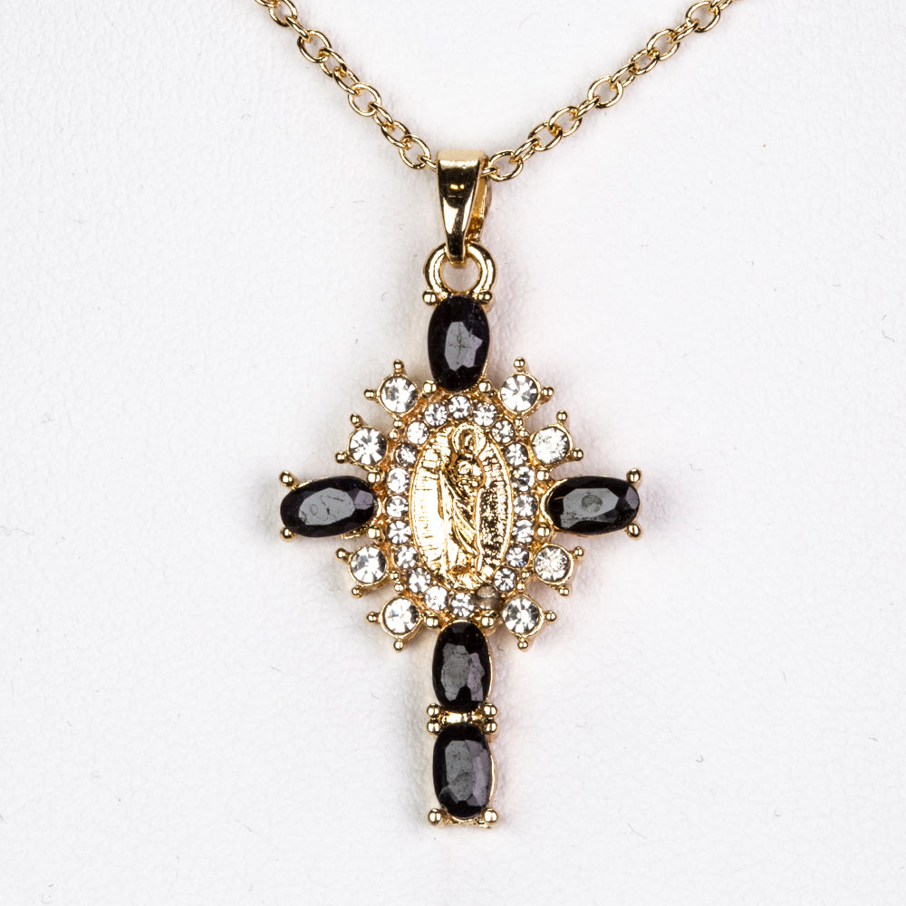 Cruce Colier din Aliaj Placat cu Aur ( 5.1 grame ) cu Safir și Cristal Alb Emporia® 0.33 Carate ( Colier+Pandantiv )