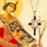 Cruce Colier din Aliaj Placat cu Aur ( 5.1 grame ) cu Safir și Cristal Alb Emporia® 0.33 Carate ( Colier+Pandantiv )