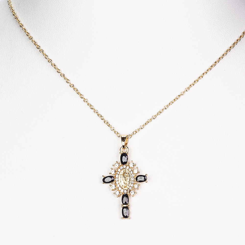 Cruce Colier din Aliaj Placat cu Aur ( 5.1 grame ) cu Safir și Cristal Alb Emporia® 0.33 Carate ( Colier+Pandantiv )