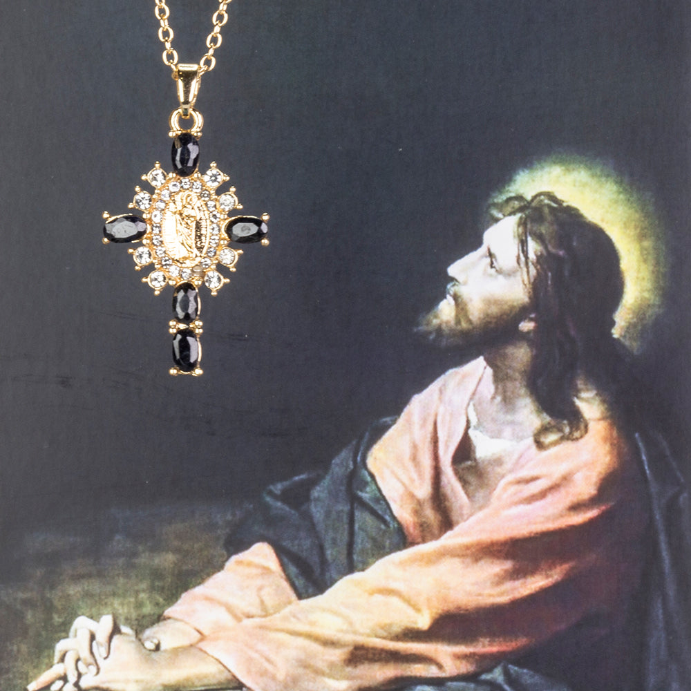 Cruce Colier din Aliaj Placat cu Aur ( 5.1 grame ) cu Safir și Cristal Alb Emporia® 0.33 Carate ( Colier+Pandantiv )