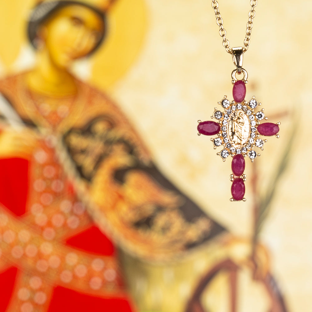 Cruce Colier din Aliaj Placat cu Aur ( 5.1 grame ) cu Rubin și Cristal Alb Emporia® 0.33 Carate ( Colier+Pandantiv )