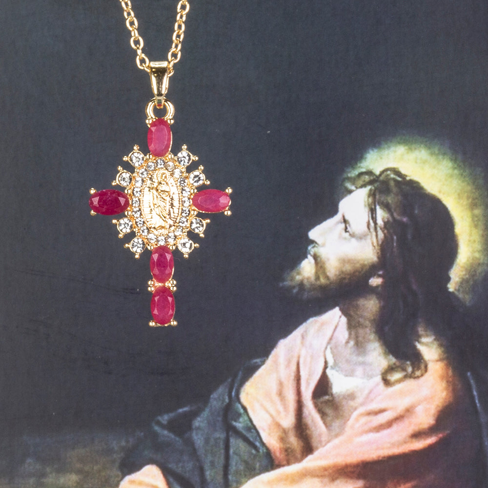 Cruce Colier din Aliaj Placat cu Aur ( 5.1 grame ) cu Rubin și Cristal Alb Emporia® 0.33 Carate ( Colier+Pandantiv )