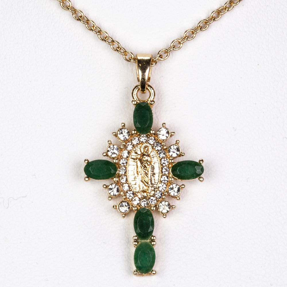Cruce Colier din Aliaj Placat cu Aur ( 5.1 grame ) cu Smarald și Cristal Alb Emporia® 0.33 Carate ( Colier+Pandantiv )