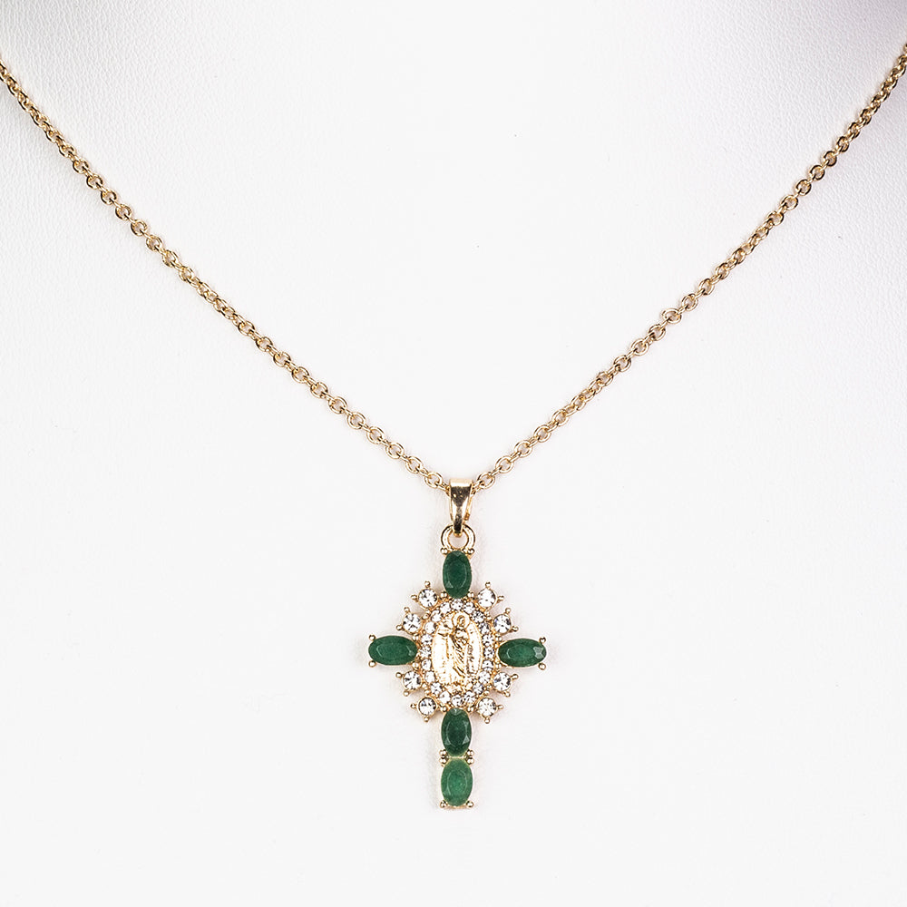 Cruce Colier din Aliaj Placat cu Aur ( 5.1 grame ) cu Smarald și Cristal Alb Emporia® 0.33 Carate ( Colier+Pandantiv )