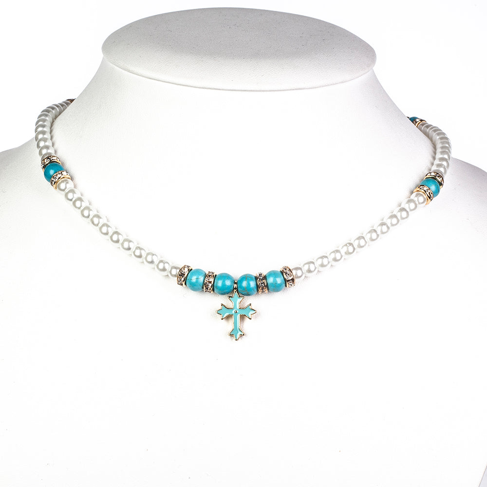 Cruce Colier din Mărgele ( 26.25 grame ) cu Turcoaz și Perlă de cristal 55.6 Carate ( Colier+Pandantiv )