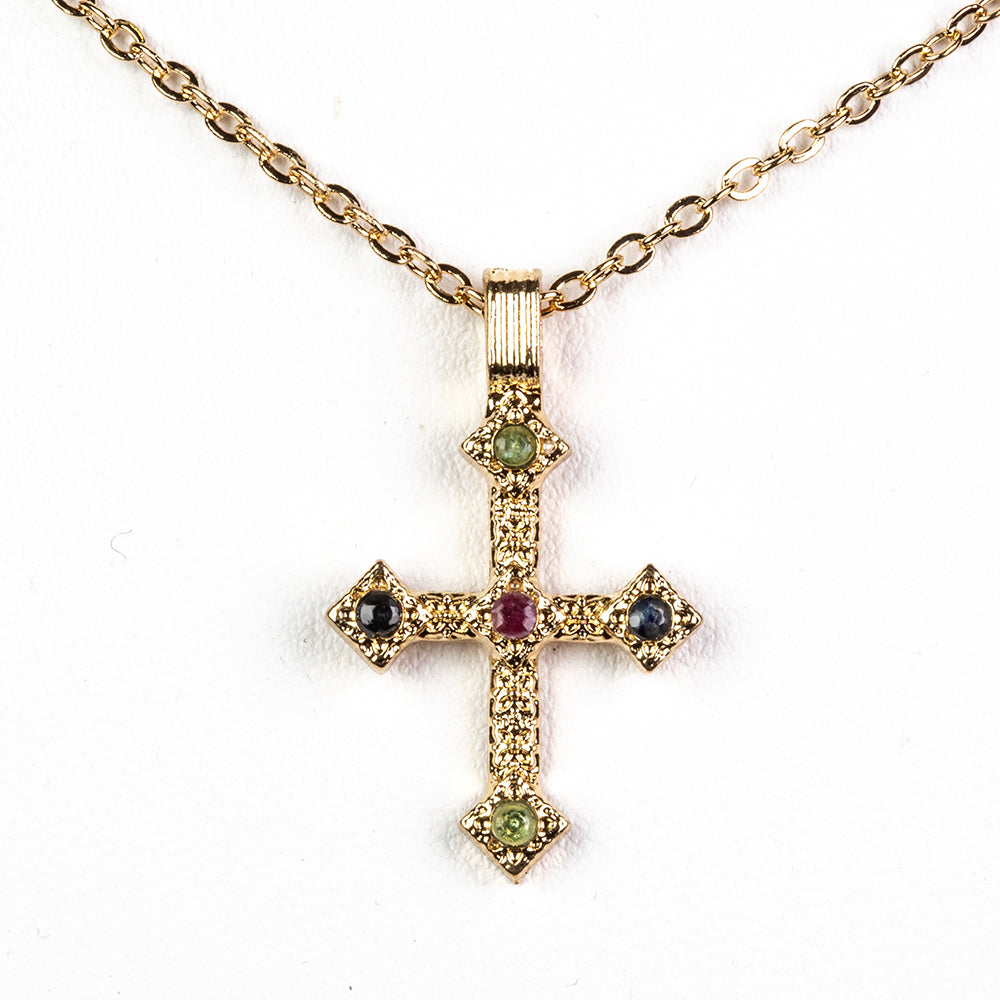 Cruce Colier din Aliaj Placat cu Aur ( 28.75 grame ) cu Rubin Birmanez și Smarald Brazilian 0.23 Carate ( Colier+Pandantiv )