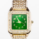 Ceas din Aliaj Placat cu Aur ( 57 grame ) cu Cristal Verde Emporia® și Cristal Alb Emporia® 12 Carate ( Colier+Cercei+Pandantiv )