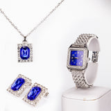 Ceas din Aliaj Placat cu Aur ( 57 grame ) cu Cristal Albastru Emporia® și Cristal Alb Emporia® 12 Carate ( Colier+Cercei+Pandantiv )