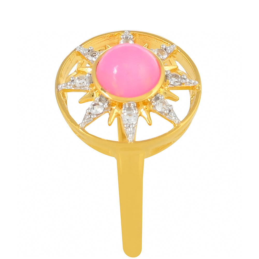 Inel din Argint 925 Placat cu Aur ( 2.7 grame ) cu Opal Etiopian Neon Roz și Topaz Alb 0.71 Carate