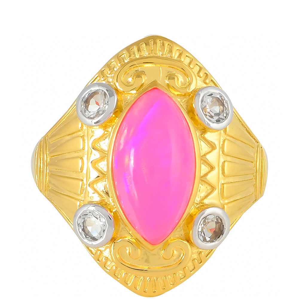 Inel din Argint 925 Placat cu Aur ( 5.75 grame ) cu Opal Etiopian Neon Roz și Topaz Alb 2.36 Carate