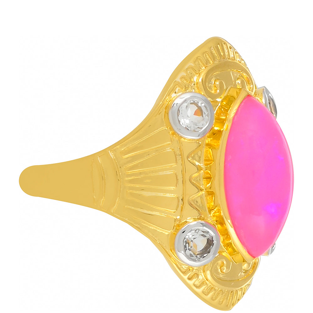 Inel din Argint 925 Placat cu Aur ( 5.75 grame ) cu Opal Etiopian Neon Roz și Topaz Alb 2.36 Carate