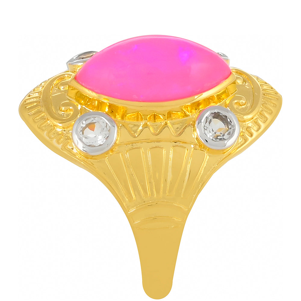 Inel din Argint 925 Placat cu Aur ( 5.75 grame ) cu Opal Etiopian Neon Roz și Topaz Alb 2.36 Carate
