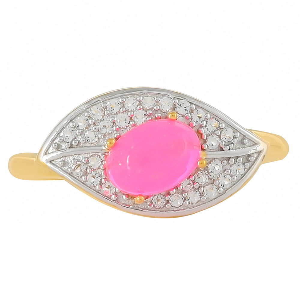 Inel din Argint 925 Placat cu Aur ( 2.69 grame ) cu Opal Etiopian Neon Roz și Topaz Alb 0.71 Carate