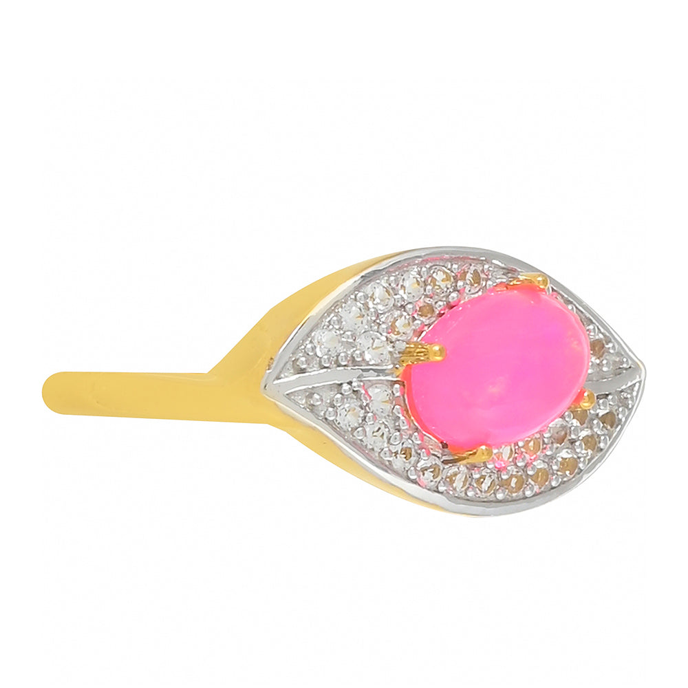 Inel din Argint 925 Placat cu Aur ( 2.69 grame ) cu Opal Etiopian Neon Roz și Topaz Alb 0.71 Carate