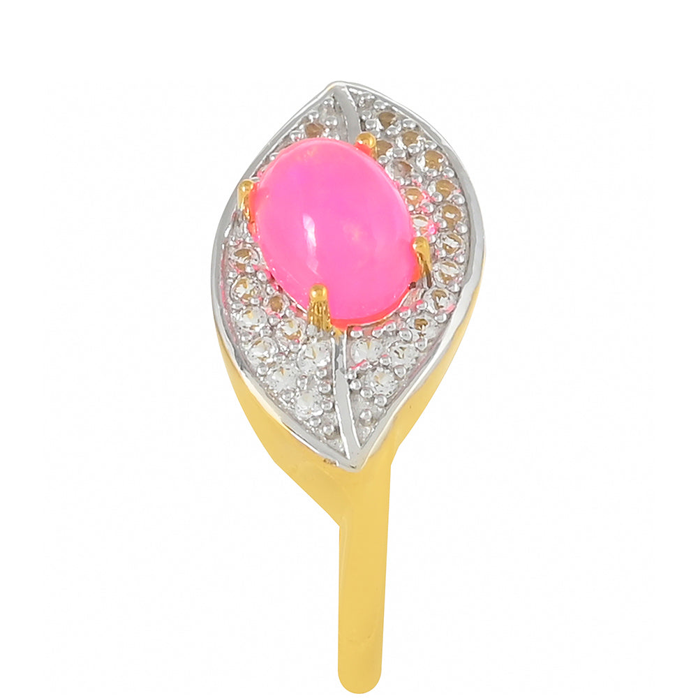 Inel din Argint 925 Placat cu Aur ( 2.69 grame ) cu Opal Etiopian Neon Roz și Topaz Alb 0.71 Carate