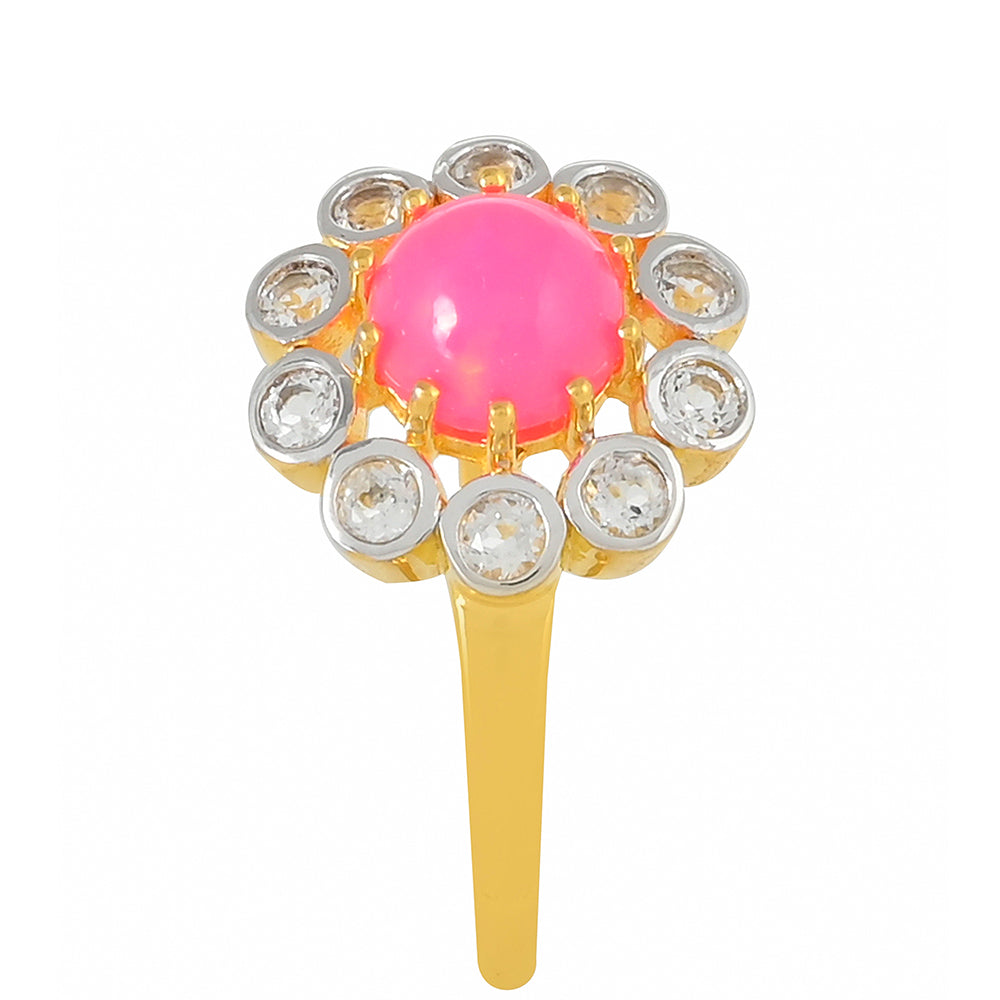 Inel din Argint 925 Placat cu Aur ( 2.64 grame ) cu Opal Etiopian Neon Roz și Topaz Alb 0.97 Carate