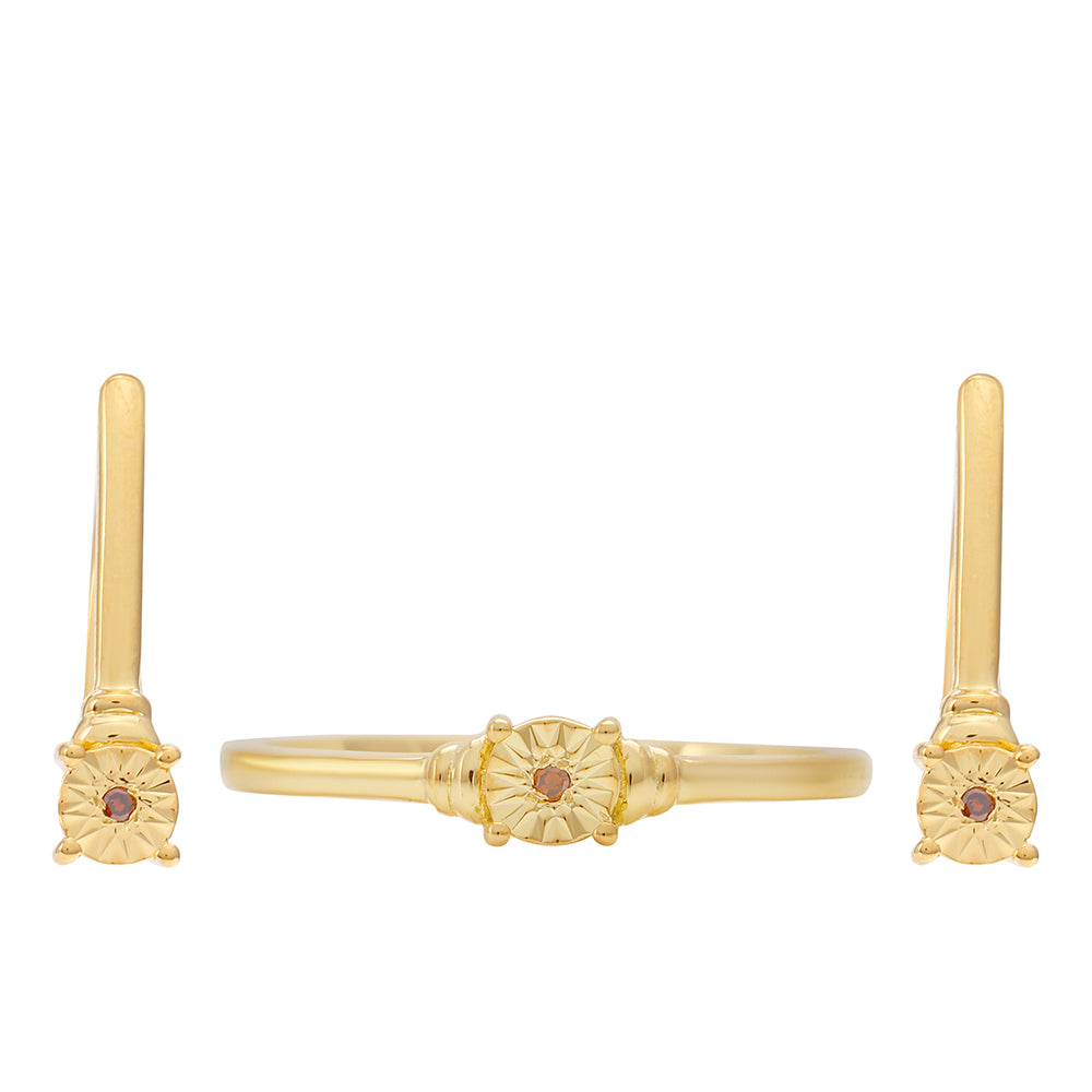 Set din Argint 925 Placat cu Aur ( 3.73 grame ) cu Diamant Roșu 0.02 Carate ( Cercei+Inel )
