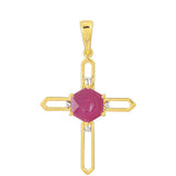 Cruce Pandantiv din Argint 925 Placat cu Aur ( 2.08 grame ) cu Rubin Thailandez și Topaz Alb 2.37 Carate