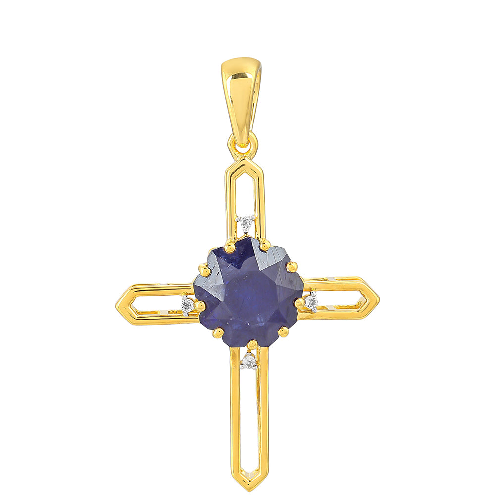Cruce Pandantiv din Argint 925 Placat cu Aur ( 2.54 grame ) cu Safir Albastru Thailandez și Topaz Alb 5.22 Carate