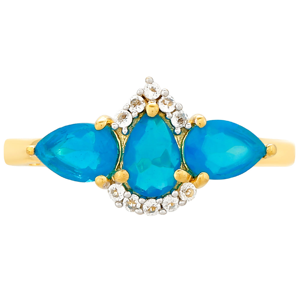 Inel din Argint 925 Placat cu Aur ( 1.66 grame ) cu Opal Albastru Etiopian Paraiba și Topaz Alb 1.07 Carate