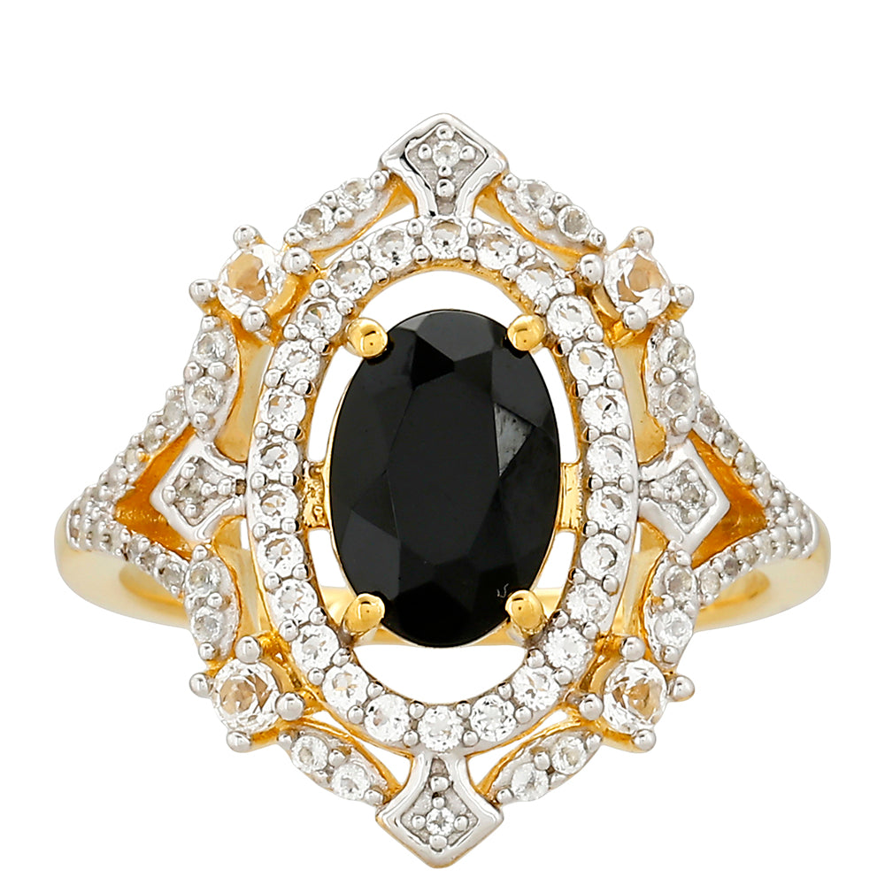 Inel din Argint 925 Placat cu Aur ( 3.48 grame ) cu Turmalină Neagră și Topaz Alb 2.07 Carate