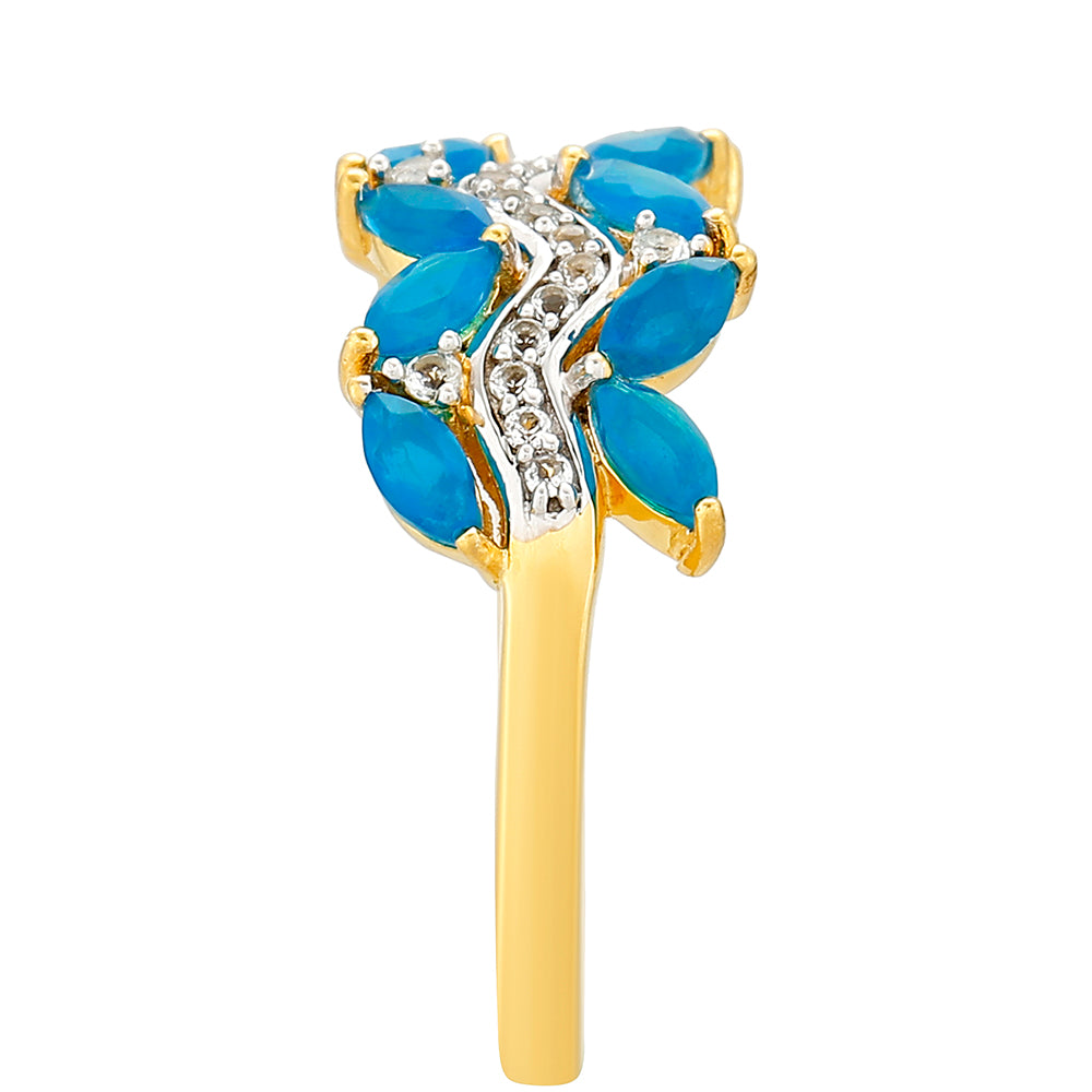 Inel din Argint 925 Placat cu Aur ( 2.52 grame ) cu Opal Albastru Etiopian Paraiba și Topaz Alb 1.09 Carate