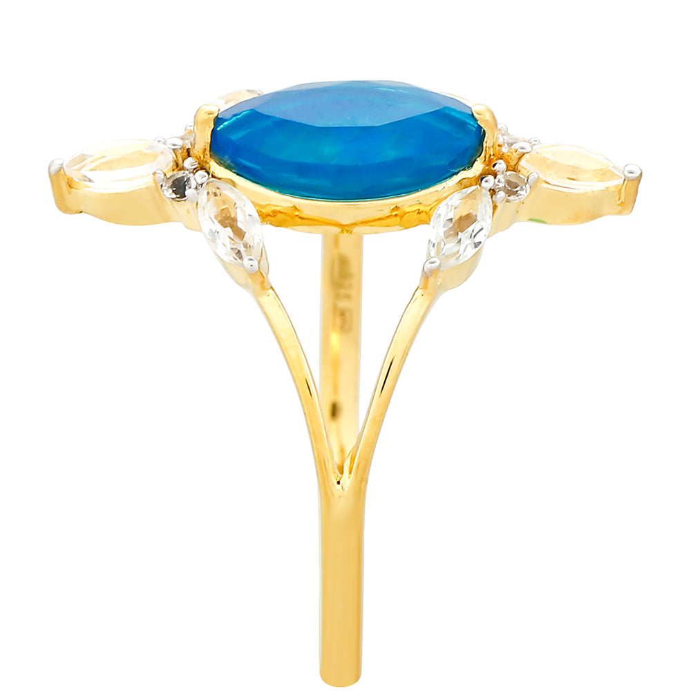 Inel din Argint 925 Placat cu Aur ( 2.32 grame ) cu Opal Albastru Etiopian Paraiba și Topaz Alb 1.24 Carate