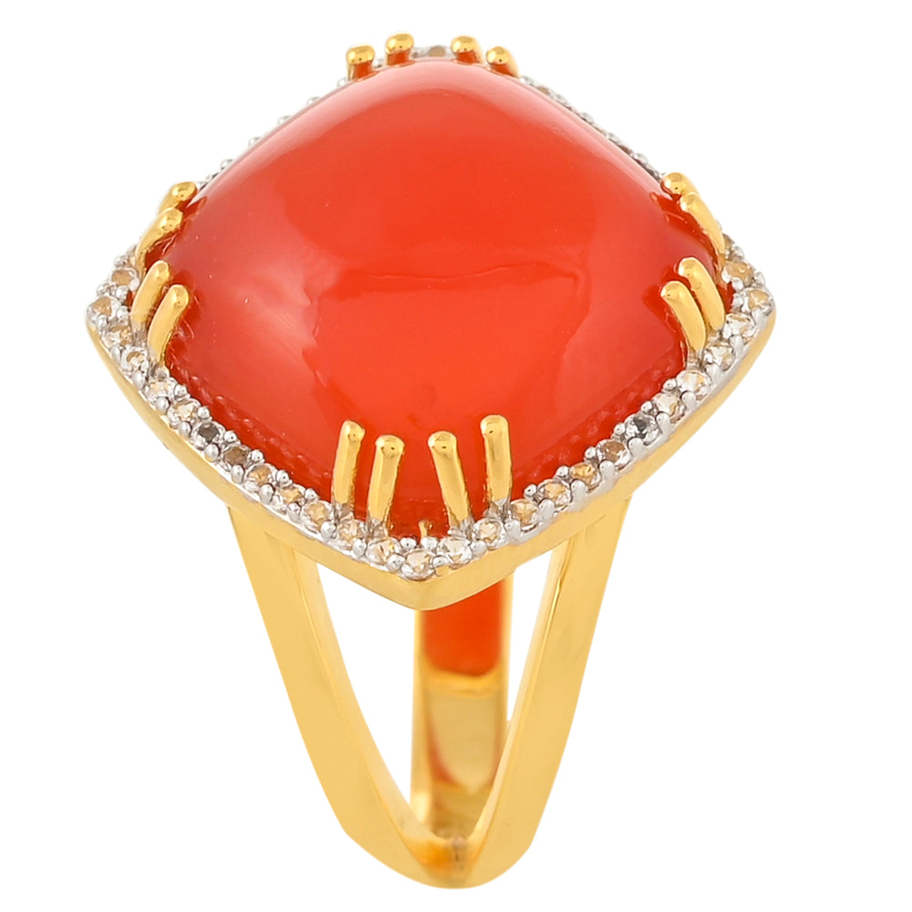 Inel din Argint 925 Placat cu Aur ( 4.07 grame ) cu Carneol și Topaz Alb 9.69 Carate