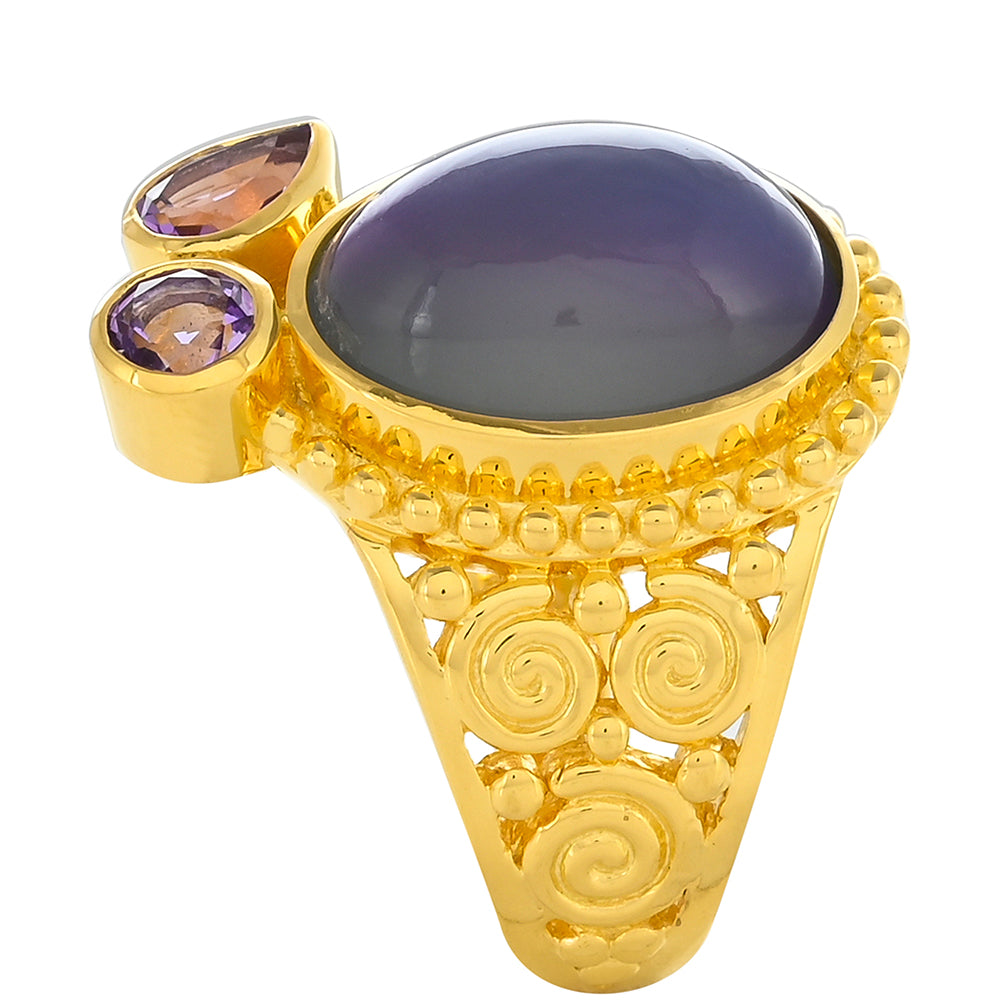 Inel din Argint 925 Placat cu Aur ( 6.97 grame ) cu Piatra Lunii Mahenge și Ametist Marocan 6.97 Carate