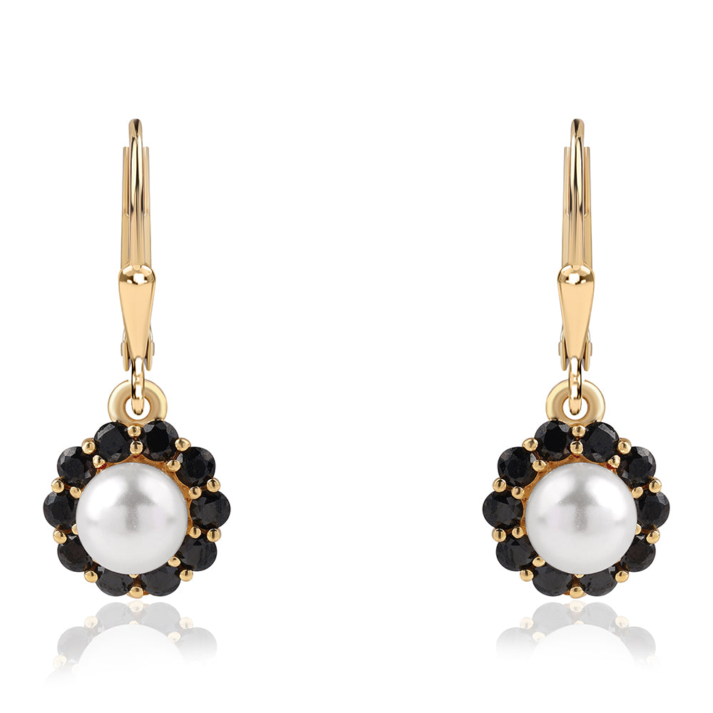 Cercei din Argint 925 Placat cu Aur ( 2.28 grame ) cu Spinel Negru și Perlă de Apă Dulce Albă 3.42 Carate