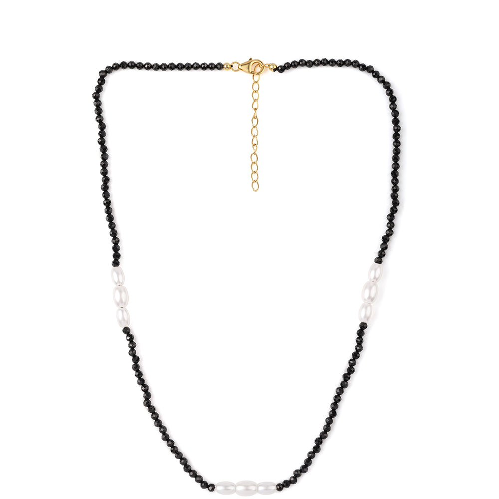 Colier din Argint 925 Placat cu Aur ( 0.93 grame ) cu Spinel Negru și Perlă de Apă Dulce Albă 39.5 Carate